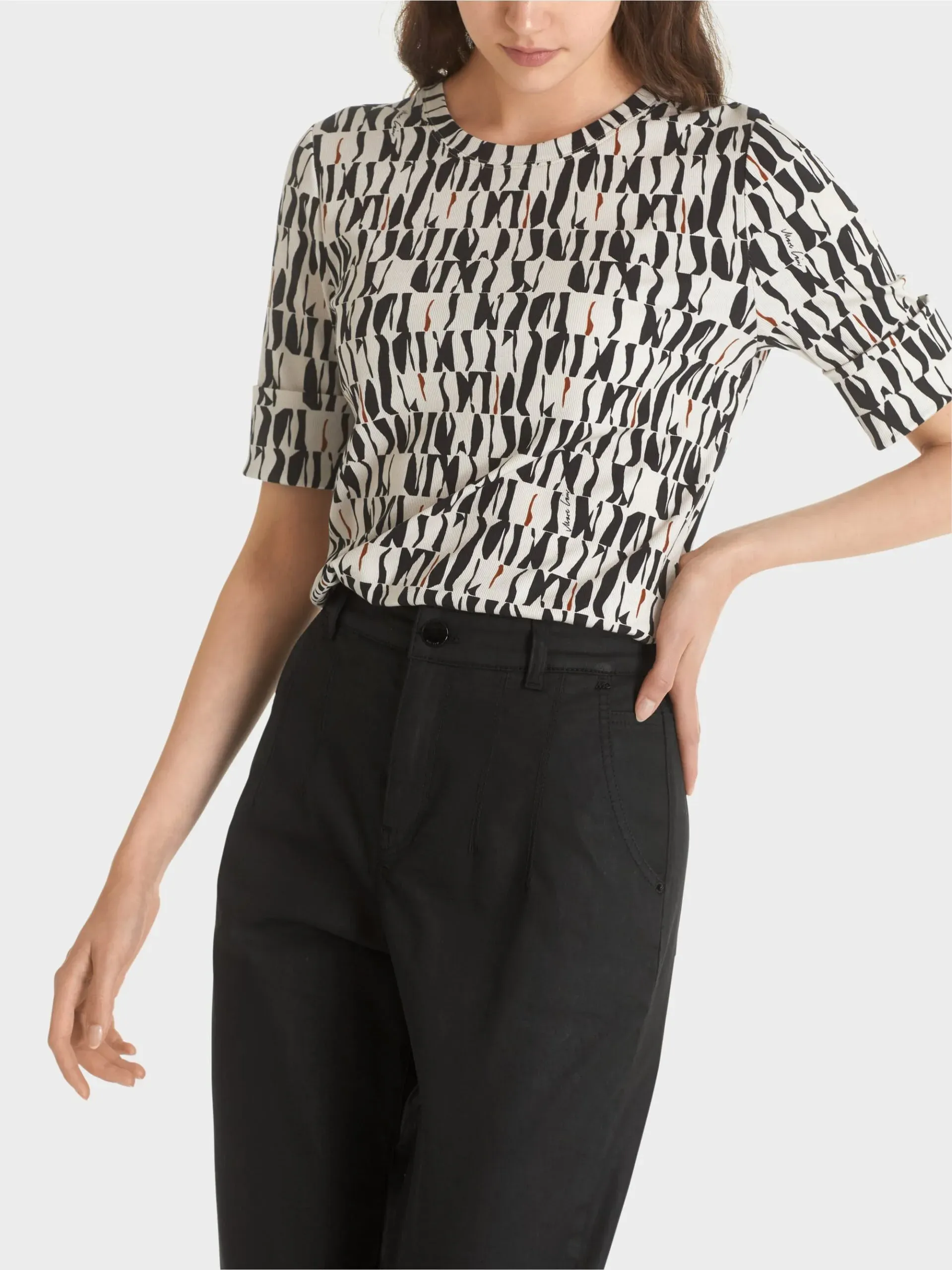 Marc Cain Collections ribbet bomulds T shirt med print 3